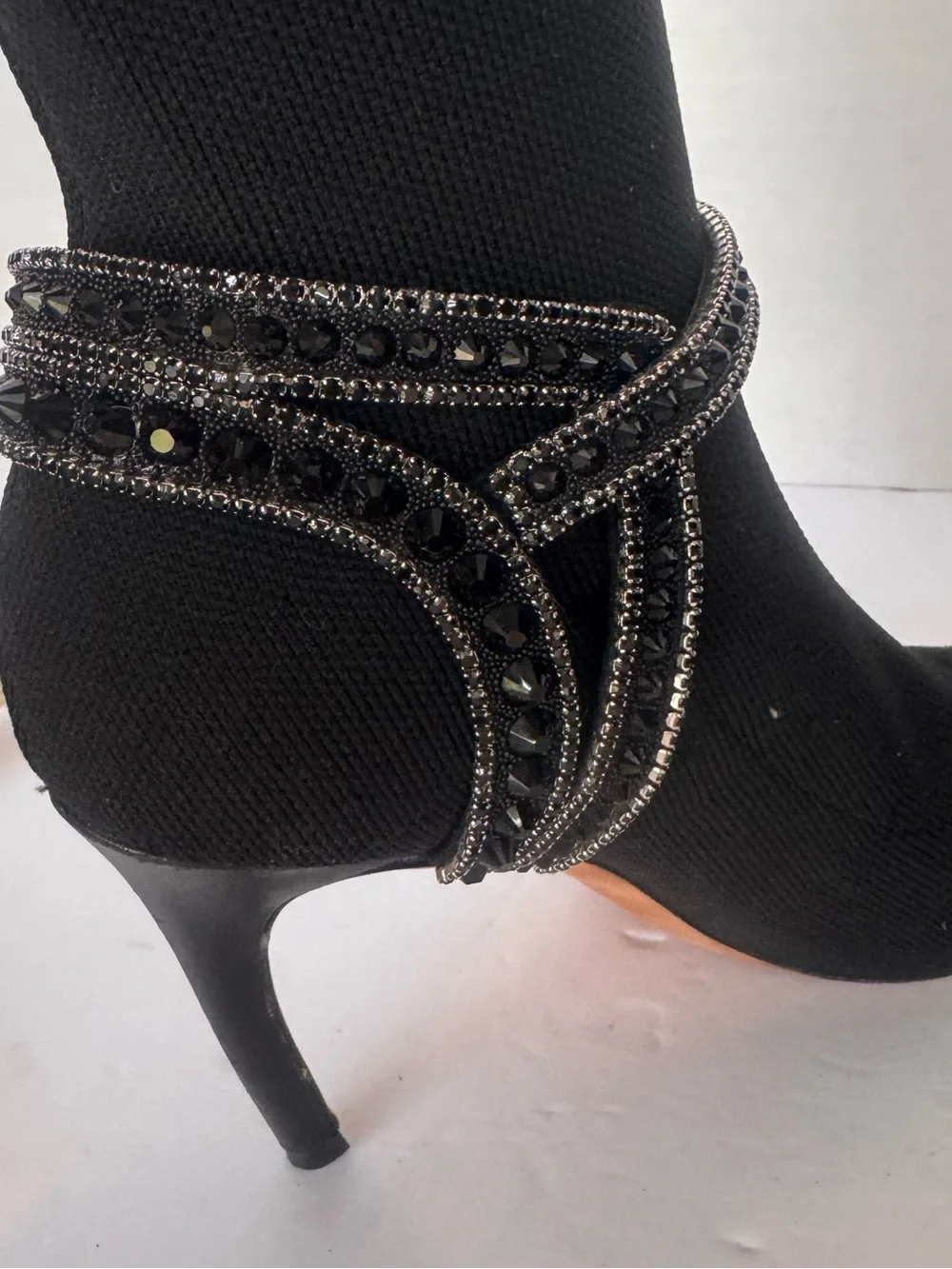 Badgley Mischka Black Stretch Knit Sock Booties Beaded Rhinestone Strap Size 7.5
